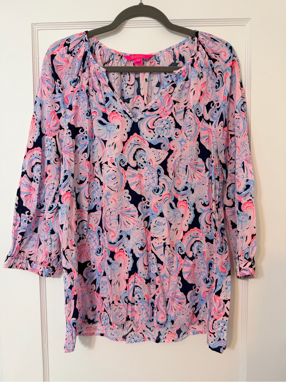 Lilly Pulitzer Paisley V-Neck Blouse in Pink & Navy